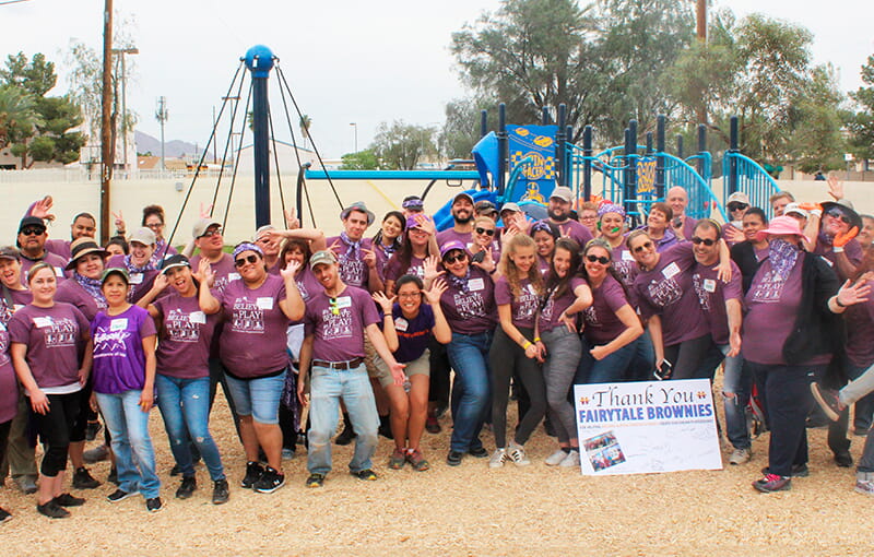 Fairytale Brownies Staff celebrating 2017 playground build
